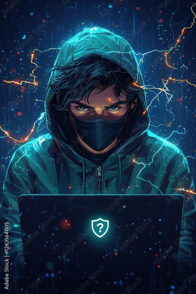 Poster hacker in a hooded jacket using a laptop with a cyber security theme