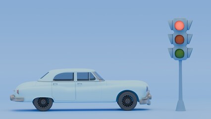 Blue car is standing at a traffic light because the light is red. Traffic safety, cartoon style, banner, social media
