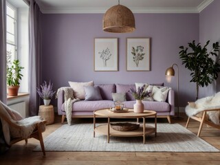 Lavender Living Room Decor Featuring Cozy Sofa and Plants