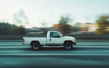 White pickup truck speeding highway, city blur