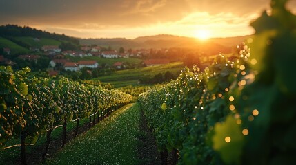 Naklejka premium Vineyard Rows Basking In Golden Sunset Light