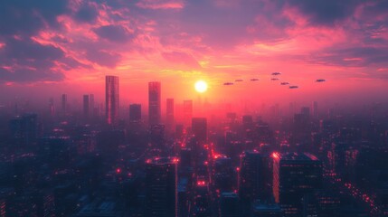 Fototapeta premium Futuristic Cityscape at Sunset with Flying Vehicles