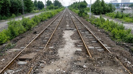 Fototapeta premium Empty train tracks through overgrown area