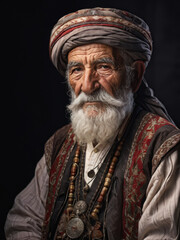 Obraz premium A dignified elderly Turkish man with a white beard, wearing a traditional turban and ornate vest. His wise gaze reflects the richness of cultural heritage. Generative AI