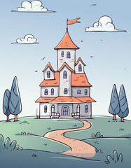 Whimsical Cartoon Mansion with Orange Roof and Green Landscape