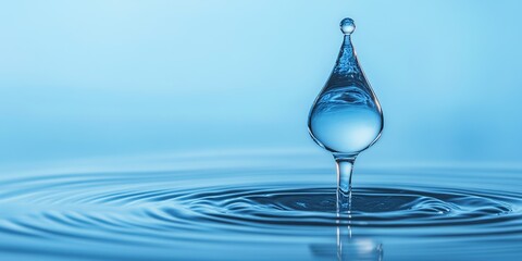 Serene Blue Background with Molecular Water Droplet: Symbolizing Pure Drinking Water Technology. Abstract Marketing Concept for Health and Cleanliness, Featuring Gentle Ripples and Scientific Purity. 