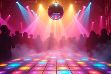 A retro 1970s disco background featuring a dazzling dance floor with multicolored LED tiles. A large mirrored disco ball hangs from the ceiling, casting beams of light across the scene. 