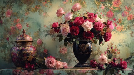 Fototapeta premium Elegant Floral Arrangement in Ornate Vase Against Vintage Wallpaper