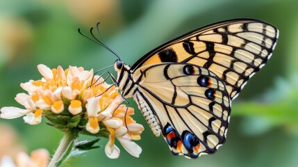 Obraz premium Close up of a butterfly resting on a flower while wind slightly moves the petals, delicate nature moment, perfect harmony