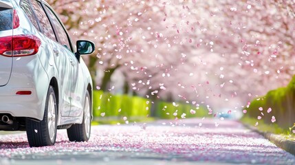 Close up of a car driving down a road covered in cherry blossoms, petals flying through the air, springtime magic, joyful seasonal transition