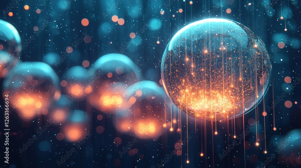 Poster luminous orb suspended with sparkling trails of light