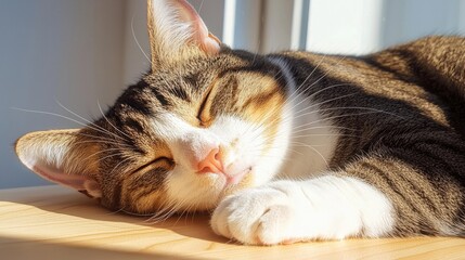 Close up of a cat sleeping in a sunbeam, soft fur illuminated, peaceful breathing, feeling of pure comfort