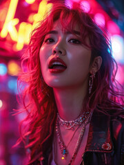 Obraz premium A vibrant K-pop idol with pink hair, glowing in neon lights, expressing excitement and delight. A dynamic portrait of modern pop culture. Generative AI