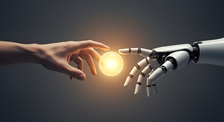 Fototapeta premium Human and Robot Hands Reaching for a Glowing Orb of Light