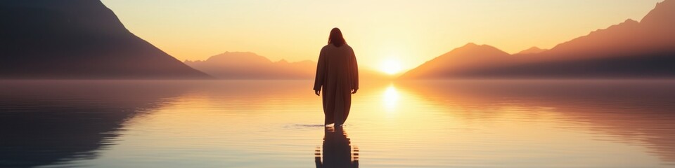 Fototapeta premium A man in a long robe is walking across a lake at sunset. The scene is serene and peaceful, with the man's silhouette standing out against the backdrop of the water and mountains