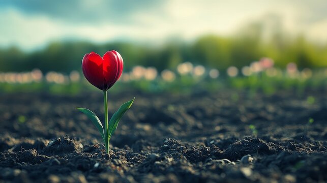 A young tulip growing alone in a spring field of fertile soil, its petals forming the shape of a red heart