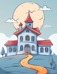 Whimsical fairytale house with red rooftops under a glowing full moon.