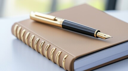 Close up of a luxury pen resting on an elegant notebook, high class business aesthetic, warm minimalistic lighting, executive branding concept