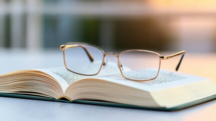 Close up of a pair of reading glasses left on an open book, knowledge and reflection concept, moody warm light