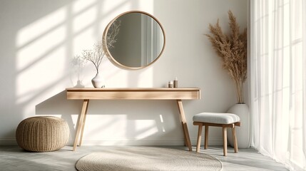 a minimalist and modern dressing room with light grey wood floors and white walls featuring a round mirror on a wooden table and a stool sitting next to it.