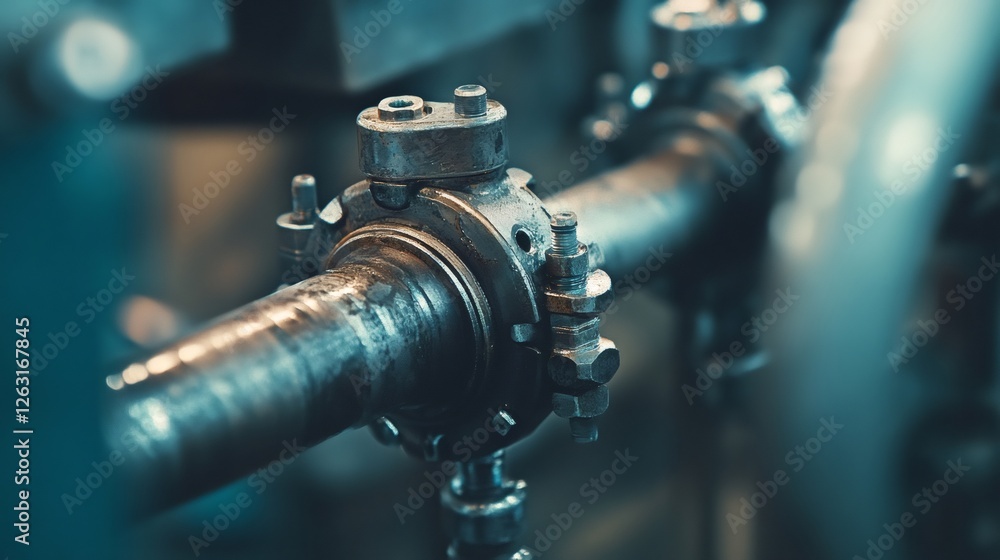 Poster close up of an industrial pipeline joint, highlighting corrosion and aging, suggesting potential mai