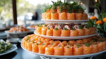 Fototapeta premium Delicious Salmon Appetizers Beautifully Arranged On A Three Tiered Platter