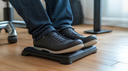 Person's feet resting on footrest while seated in an office chair