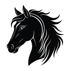A silhouette of a horse's head shows a bold, dark outline against a lighter background, capturing the graceful curve of the neck and the distinct shape of the ears and mane.