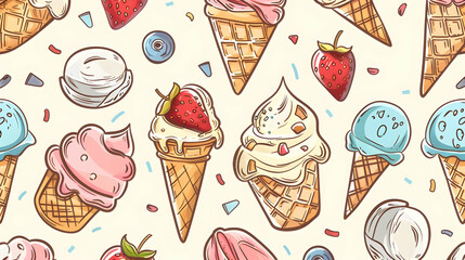 Colorful illustration of various ice cream cones with fruits and sprinkles on a light background