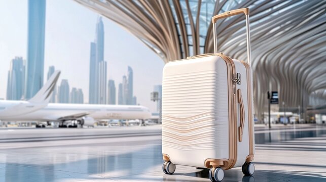 Close up of a travel suitcase with a modern hard shell design, minimalist airport background, stylish travel branding