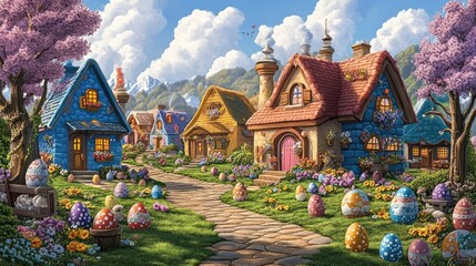scenic view of countryside village celebrating festive occasion with colorful eggs and charming cottages surrounded by blooming flowers and trees. 