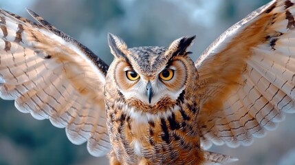 Close up of an owl spreading its wings in slow motion, feathers detailed and sharp, mysterious and majestic atmosphere