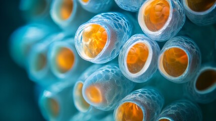 A close-up reveals fish eggs in a hatchery, showcasing their transparent shells and vibrant orange centers under soft underwater lighting. This captures the delicate beauty of aquatic life.