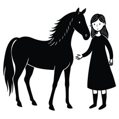 A vector image of a girl gently holding the reins of a horse, symbolizing a bond between human and animal, with a serene and peaceful nature backdrop.