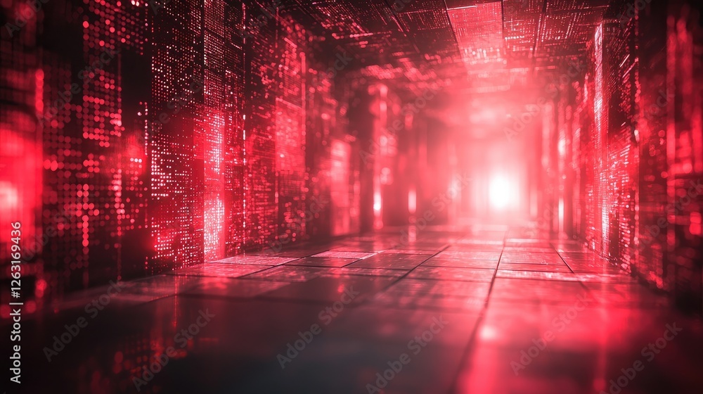Poster red digital corridor illuminated data stream
