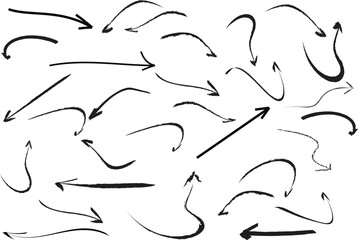 Collection of hand drawn brush arrows in different directions.. Sketch arrow design for business plan and education. Hand drawn black arrow vector icons set. Brush, marker drawn bold arrows set. 
