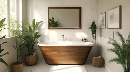Bathroom with white tiled walls and wood accents.