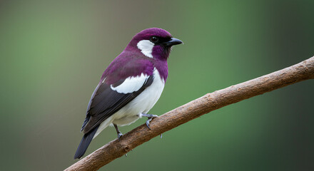 Obraz premium Dreamy Soft-Focus Portrait of an Exotic Purple and White Tropical Bird Gracefully Perched on a Tree Branch, Showcasing Its Vibrant Plumage and Serene Elegance