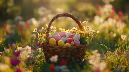 Colorful Easter eggs in a basket surrounded by blooming flowers on a sunny Easter Sunday morning