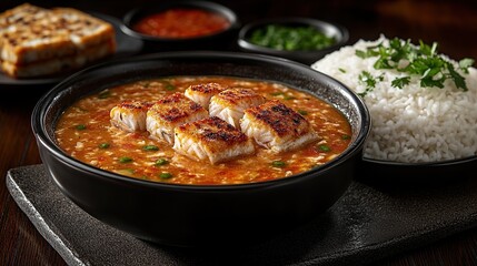 Indonesian sup ikan with fish in a tangy broth with tomatoes, served with rice and fresh herbs on the side