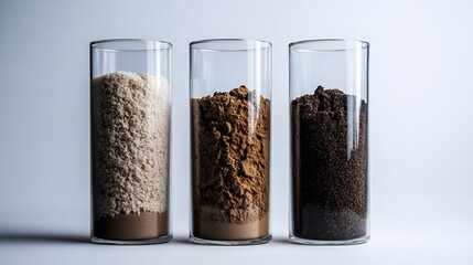 Three Glass Cylinders Filled with Different Colored Powders