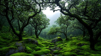 Naklejka premium Misty Morning in a Mossy Forest Glen AI Generated