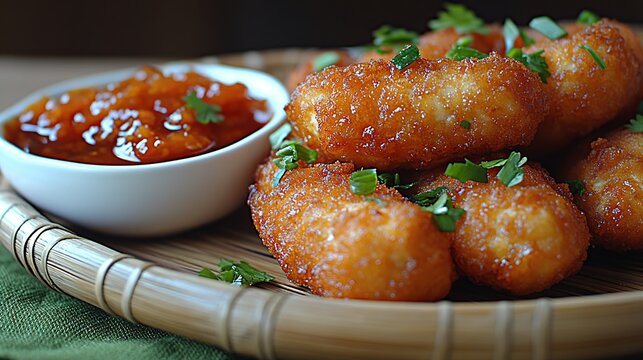 Indonesian tahu sumedang, crispy fried tofu served with sweet soy sauce and sambal, elegantly arranged on a bamboo plate