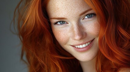 Fototapeta premium Red Haired Woman Smiling with Freckles on White