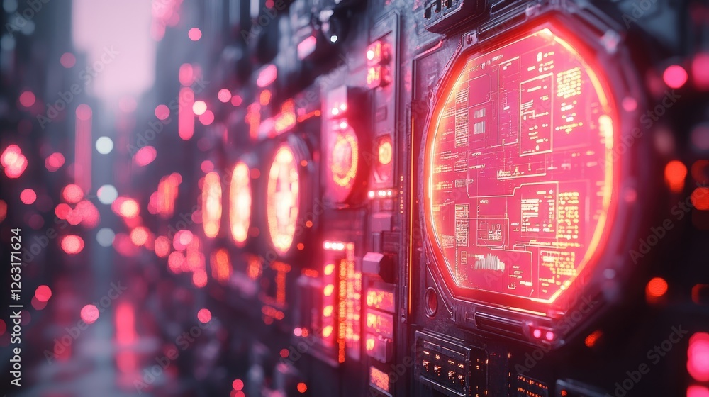 Poster futuristic red interface panel displays digital data