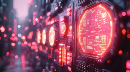 Futuristic Red Interface Panel Displays Digital Data