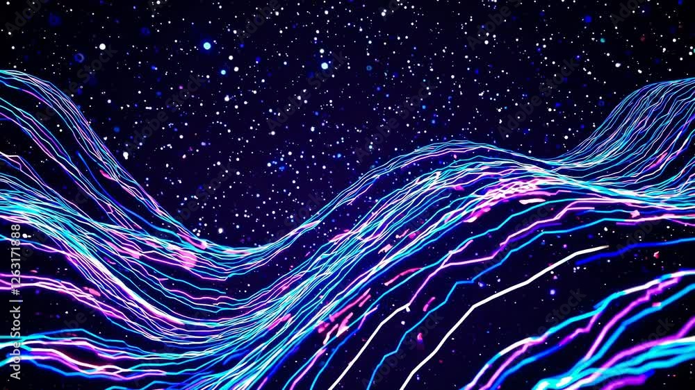 Poster a dynamic, low-angle video concept featuring flowing neon lines against a starry backdrop, creating 