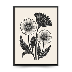 Fototapeta premium Abstract linocut floral posters template. Modern trendy minimal style. Black and white colors. Botanical blockprint. Hand drawn design for wallpaper, wall decor, print, postcard, cover, template.