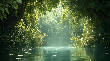 Obraz premium Boat floating on a serene river surrounded by lush greenery and trees in a tranquil natural setting