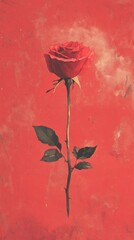 Single red rose with stem and leaves on red background